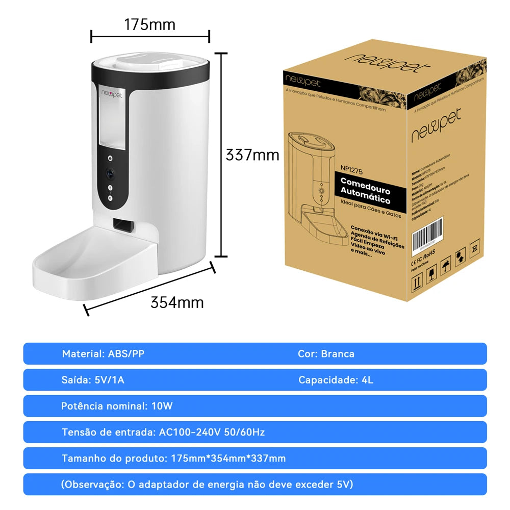 Alimentador Automático com Câmera para Cães e Gatos – Newpet 4L com Wi-Fi e Controle por App